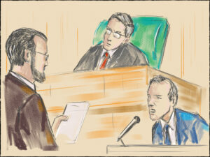 Pastel pencil pen and ink sketch illustration of a courtroom trial setting with judge, lawyer, defendant, plaintiff, witness and jury on a court case drama in judiciary court of law and justice.