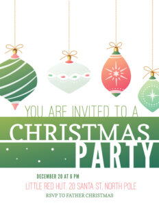 Elegant christmas party invitation in US letter format. The fonts are called League Gothic, Copse and Ostrich Sans.