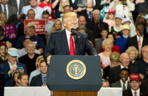 Louisville, Kentucky – March 20, 2017: President Donald J. Trump addresses a crowd at a rally inside Freedom Hall in Louisville, Kentucky, on March 20, 2017.