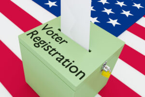 3D illustration of Voter Registration script on a ballot box, with US flag as a background.