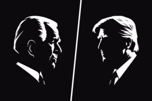 Georgia. March 13, 2023: Black and White Silhouette Portrait of Joe Biden and Donald Trump. Biden vs Trump. US President on Black Background. Side View. Vector Illustration.